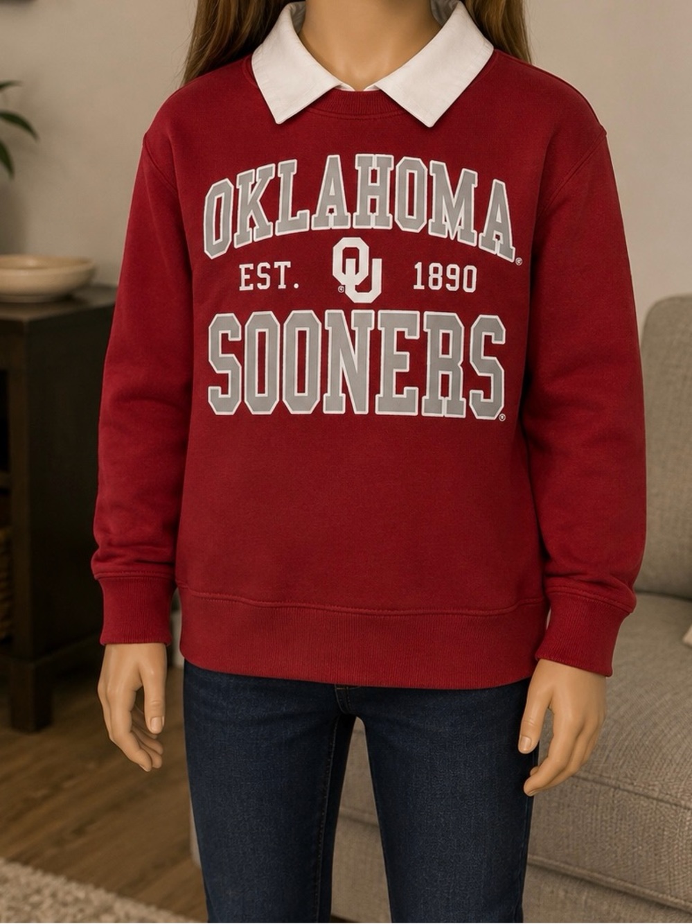 Oklahoma Sooners Kids Red Crewneck Sweatshirt with White Logo - Picture 2 of 2